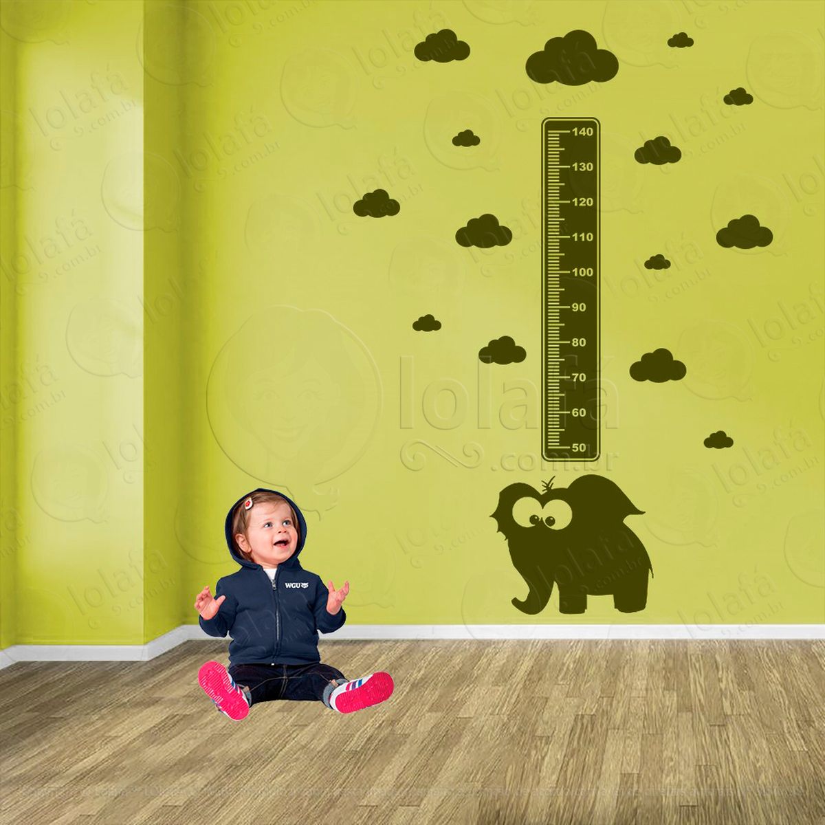 elefante e nuvens adesivo régua de crescimento infantil, medidor de altura para quarto, porta e parede - mod:915