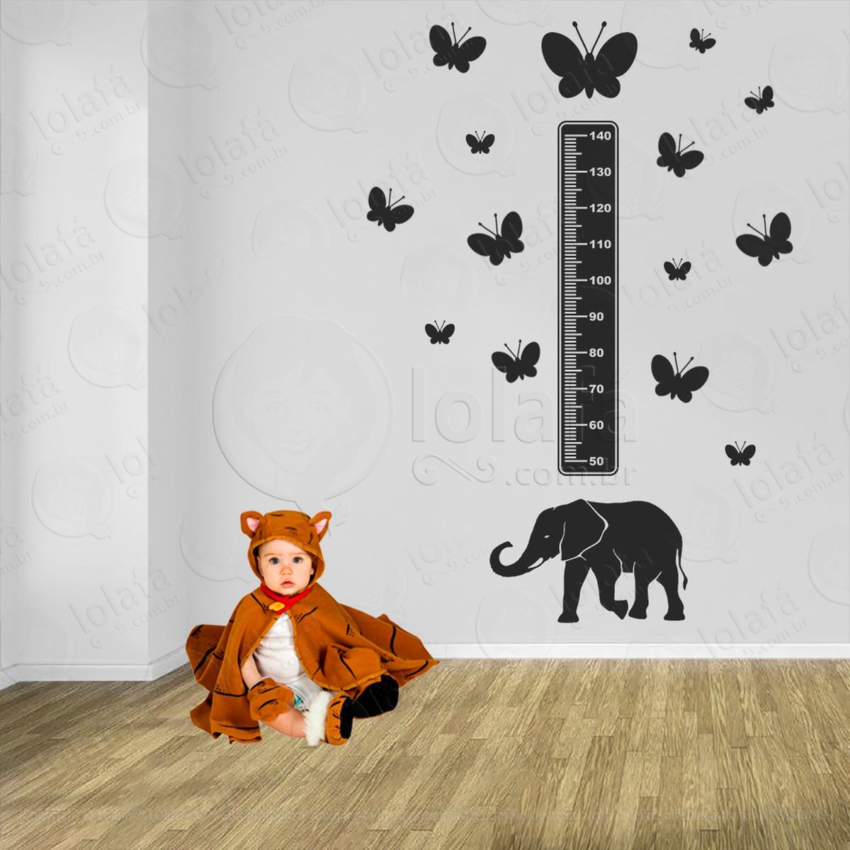 elefante e borboletas adesivo régua de crescimento infantil, medidor de altura para quarto, porta e parede - mod:916