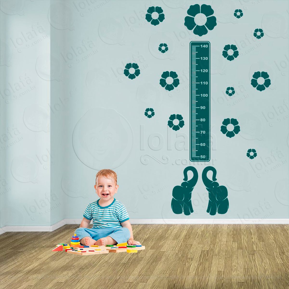 elefante e flores adesivo régua de crescimento infantil, medidor de altura para quarto, porta e parede - mod:918