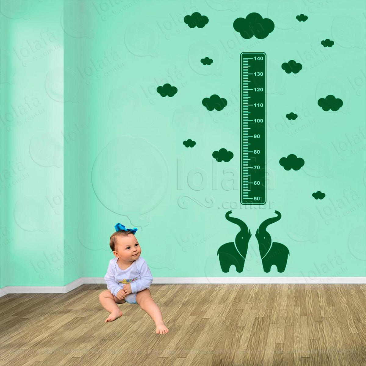 elefante e nuvens adesivo régua de crescimento infantil, medidor de altura para quarto, porta e parede - mod:919