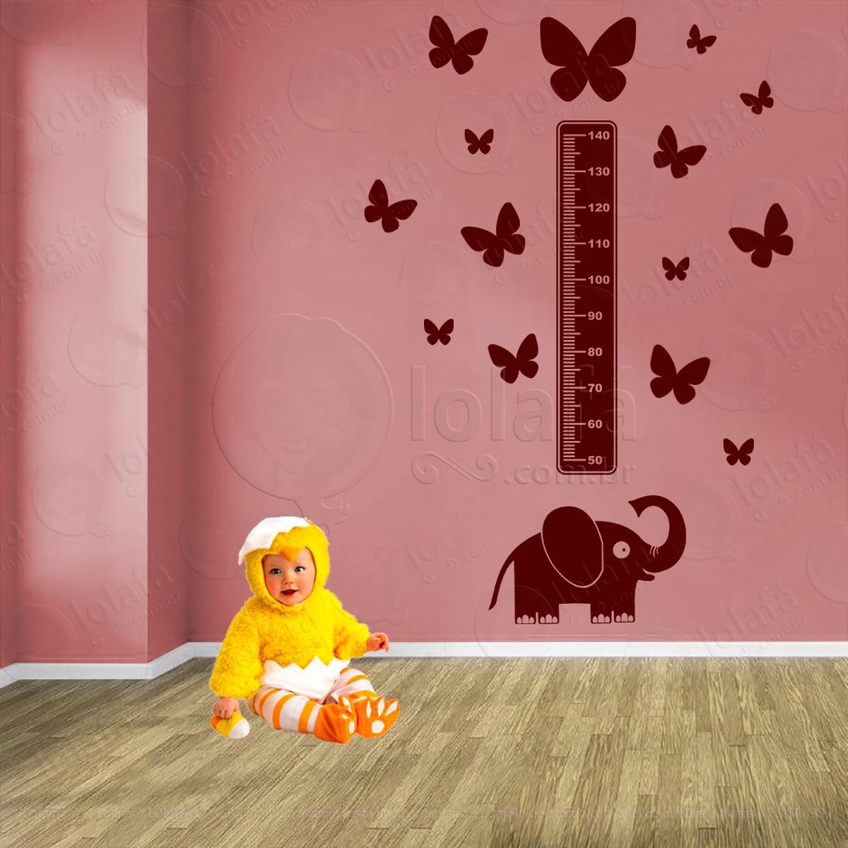 elefante e borboletas adesivo régua de crescimento infantil, medidor de altura para quarto, porta e parede - mod:920
