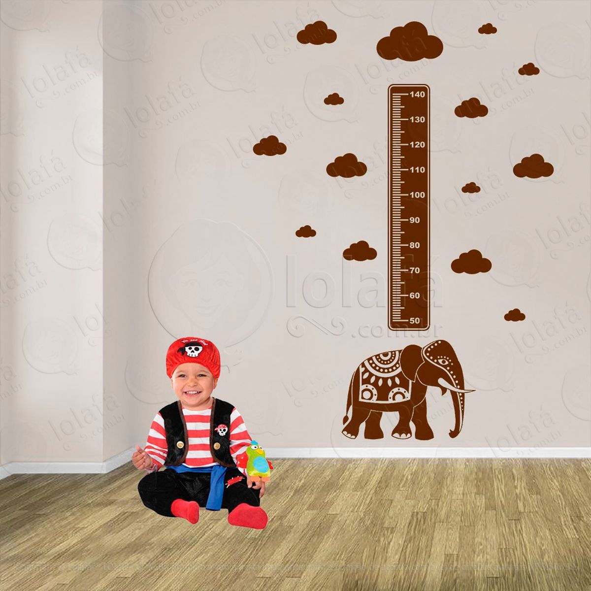 elefante e nuvens adesivo régua de crescimento infantil, medidor de altura para quarto, porta e parede - mod:923