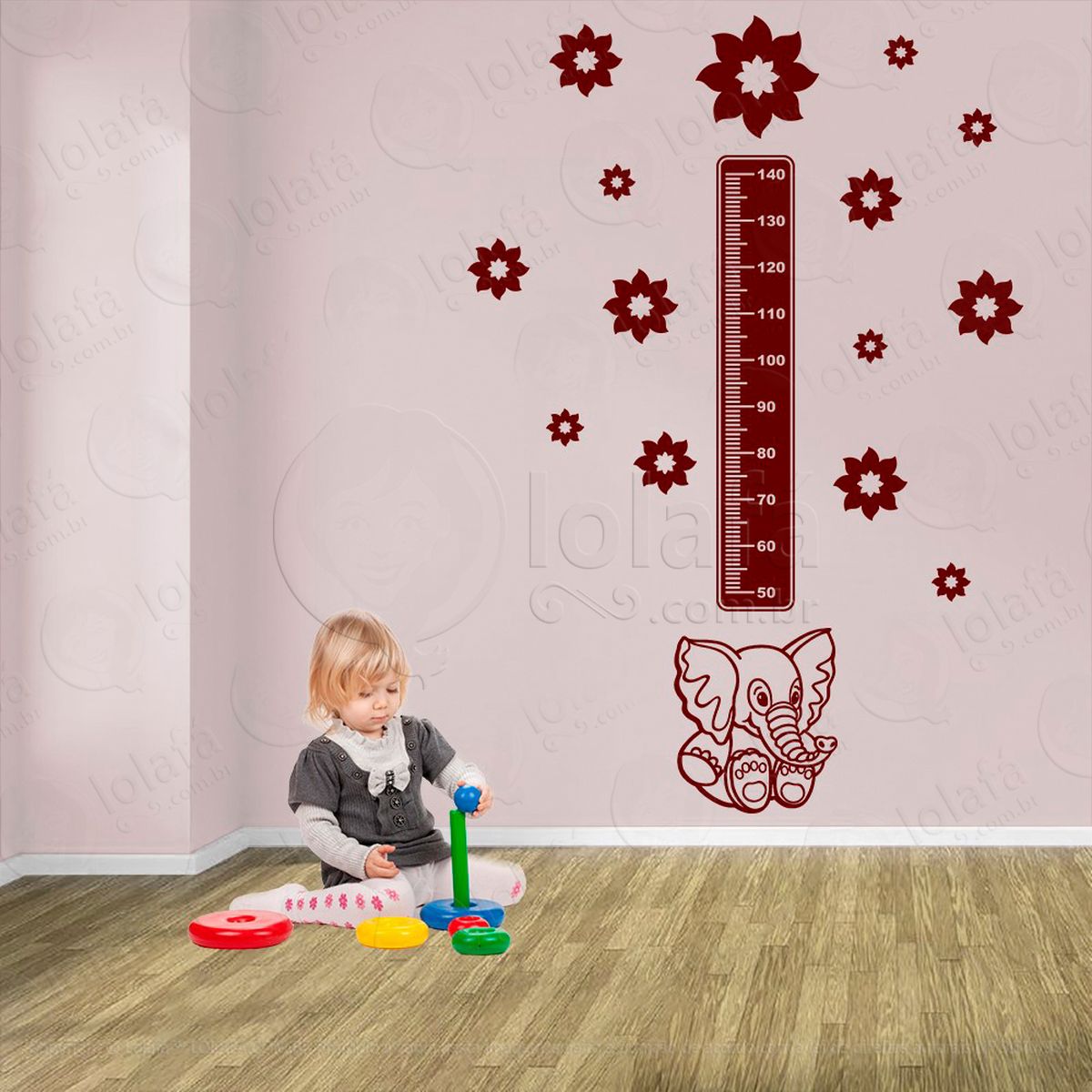 elefante e flores adesivo régua de crescimento infantil, medidor de altura para quarto, porta e parede - mod:926