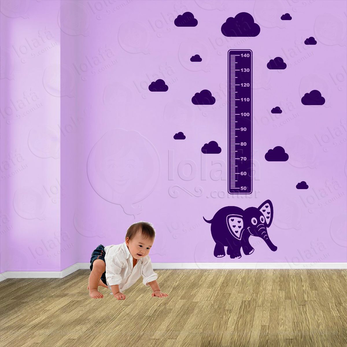 elefante e nuvens adesivo régua de crescimento infantil, medidor de altura para quarto, porta e parede - mod:927