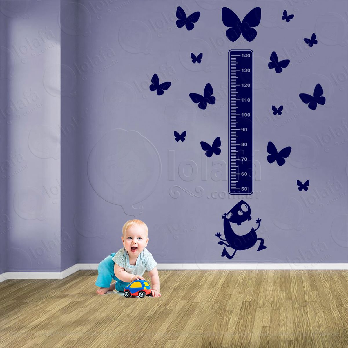 hipopótamo e borboletas adesivo régua de crescimento infantil, medidor de altura para quarto, porta e parede - mod:944