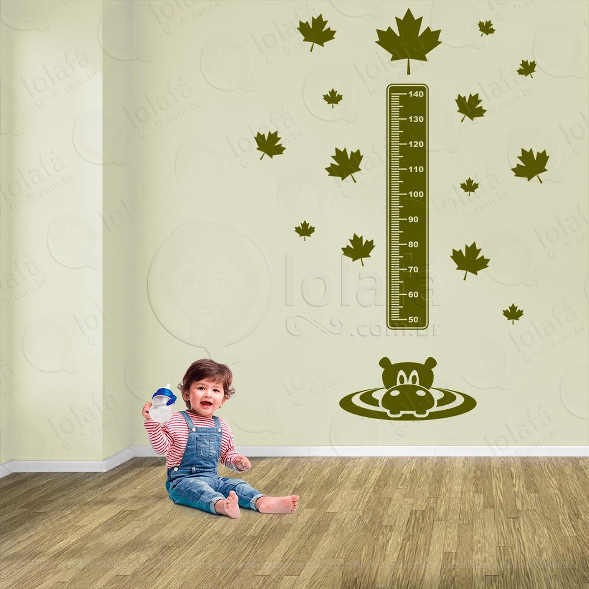 hipopótamo e folhas adesivo régua de crescimento infantil, medidor de altura para quarto, porta e parede - mod:945