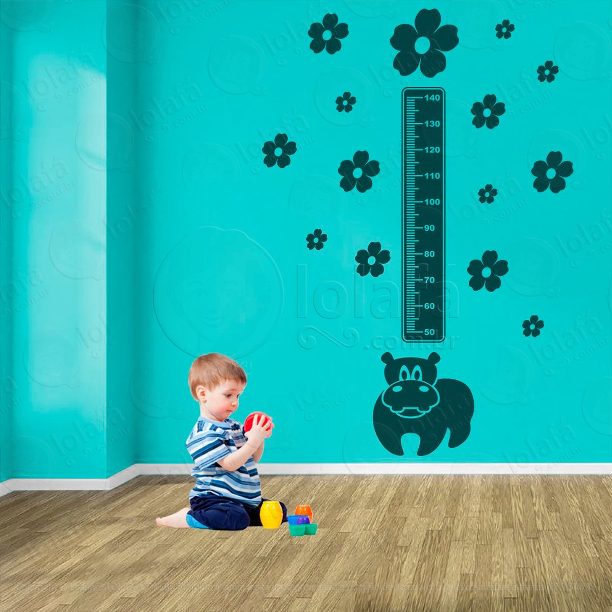 hipopótamo e flores adesivo régua de crescimento infantil, medidor de altura para quarto, porta e parede - mod:946