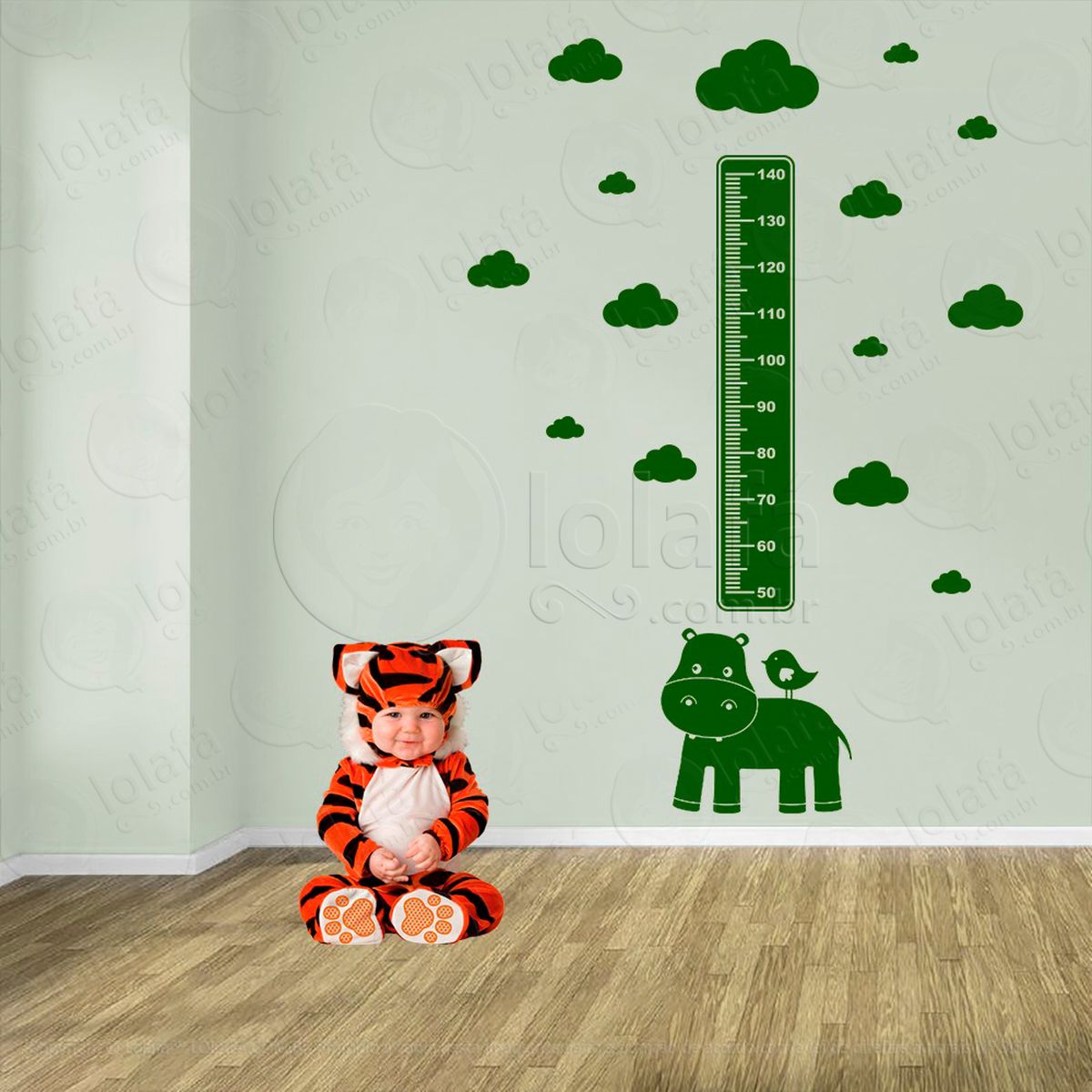 hipopótamo e nuvens adesivo régua de crescimento infantil, medidor de altura para quarto, porta e parede - mod:947