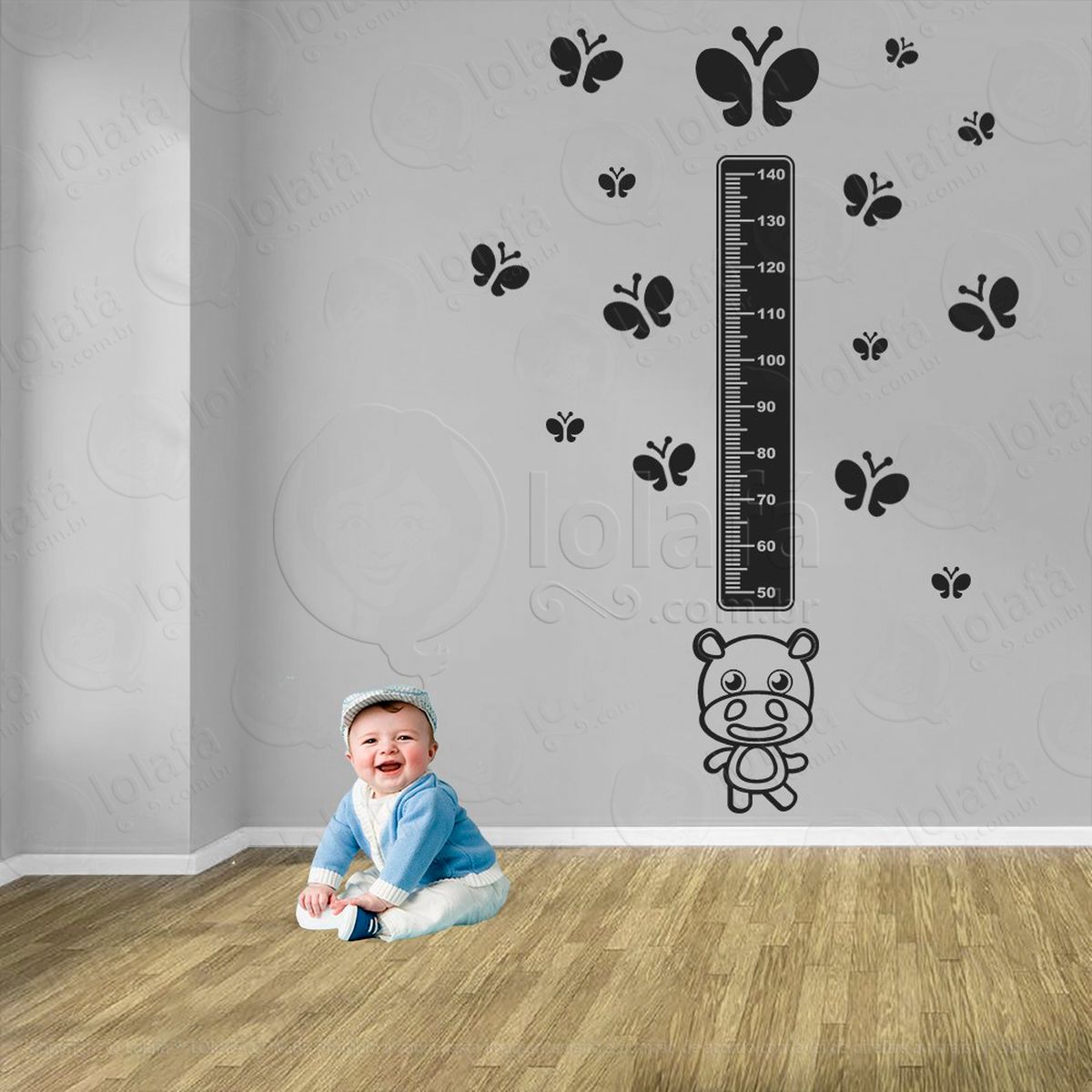 hipopótamo e borboletas adesivo régua de crescimento infantil, medidor de altura para quarto, porta e parede - mod:948
