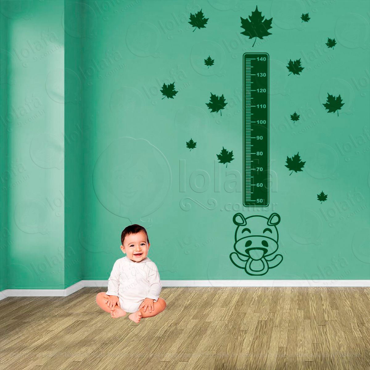 hipopótamo e folhas adesivo régua de crescimento infantil, medidor de altura para quarto, porta e parede - mod:949