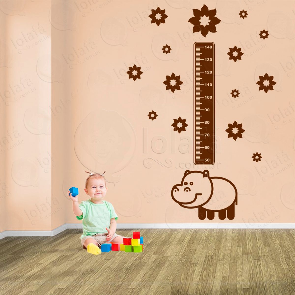 hipopótamo e flores adesivo régua de crescimento infantil, medidor de altura para quarto, porta e parede - mod:950