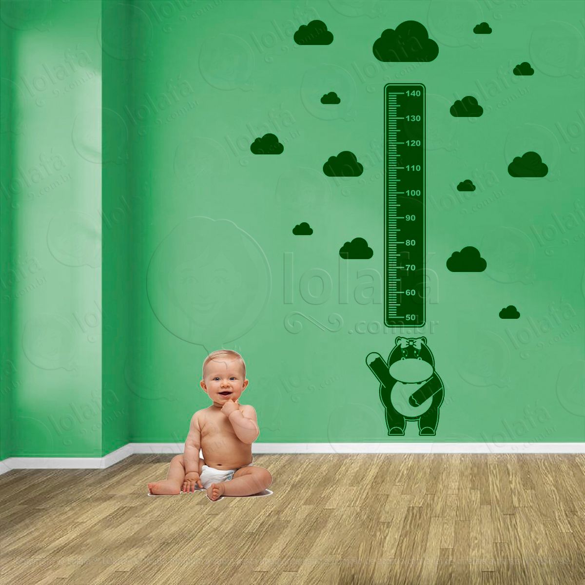 hipopótamo e nuvens adesivo régua de crescimento infantil, medidor de altura para quarto, porta e parede - mod:951