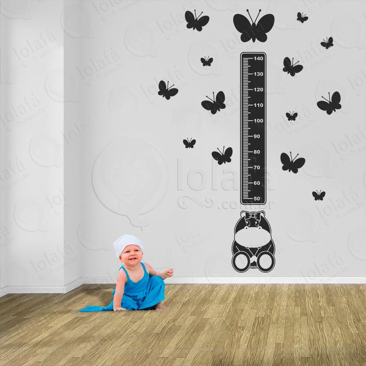 hipopótamo e borboletas adesivo régua de crescimento infantil, medidor de altura para quarto, porta e parede - mod:952