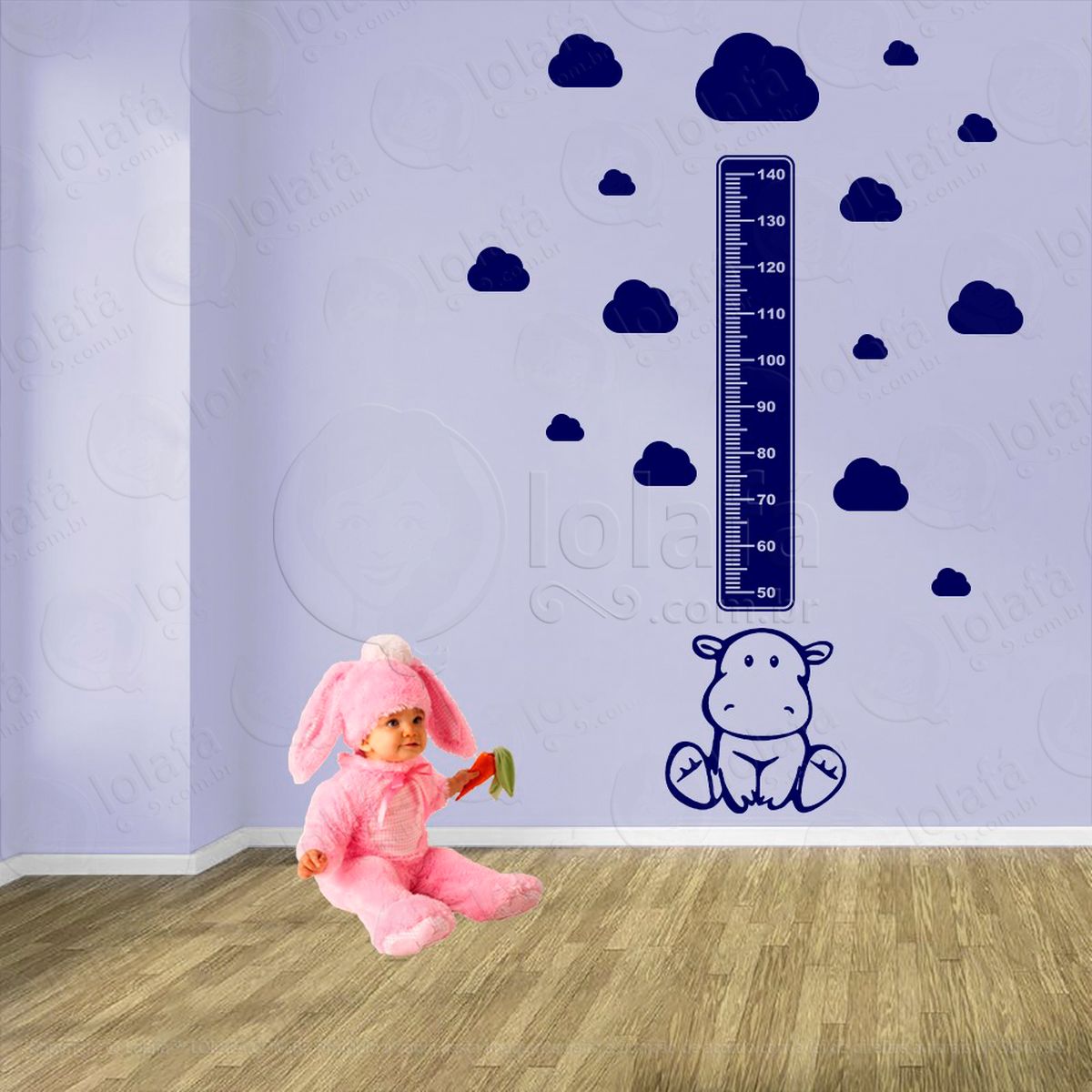 hipopótamo e nuvens adesivo régua de crescimento infantil, medidor de altura para quarto, porta e parede - mod:955