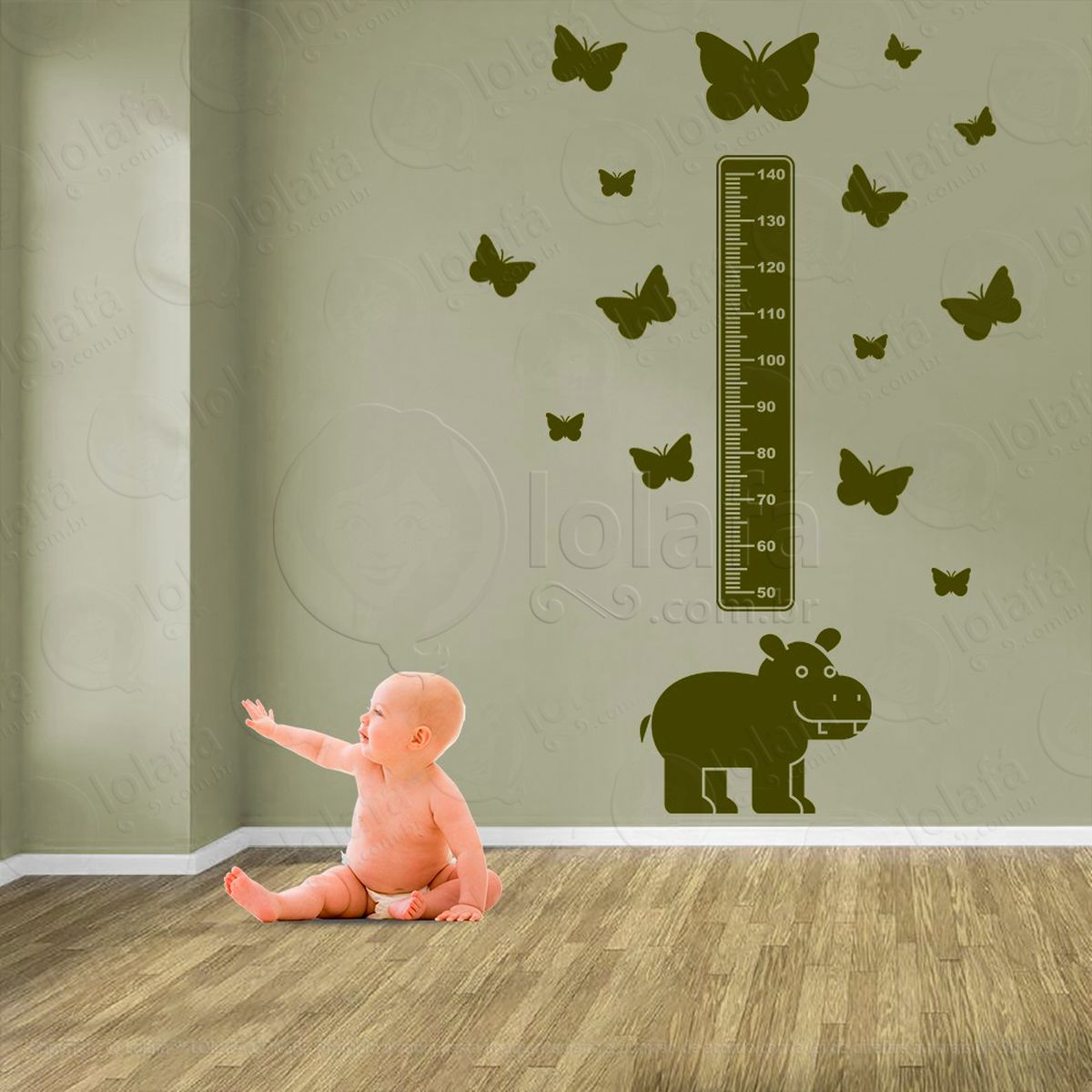 hipopótamo e borboletas adesivo régua de crescimento infantil, medidor de altura para quarto, porta e parede - mod:956