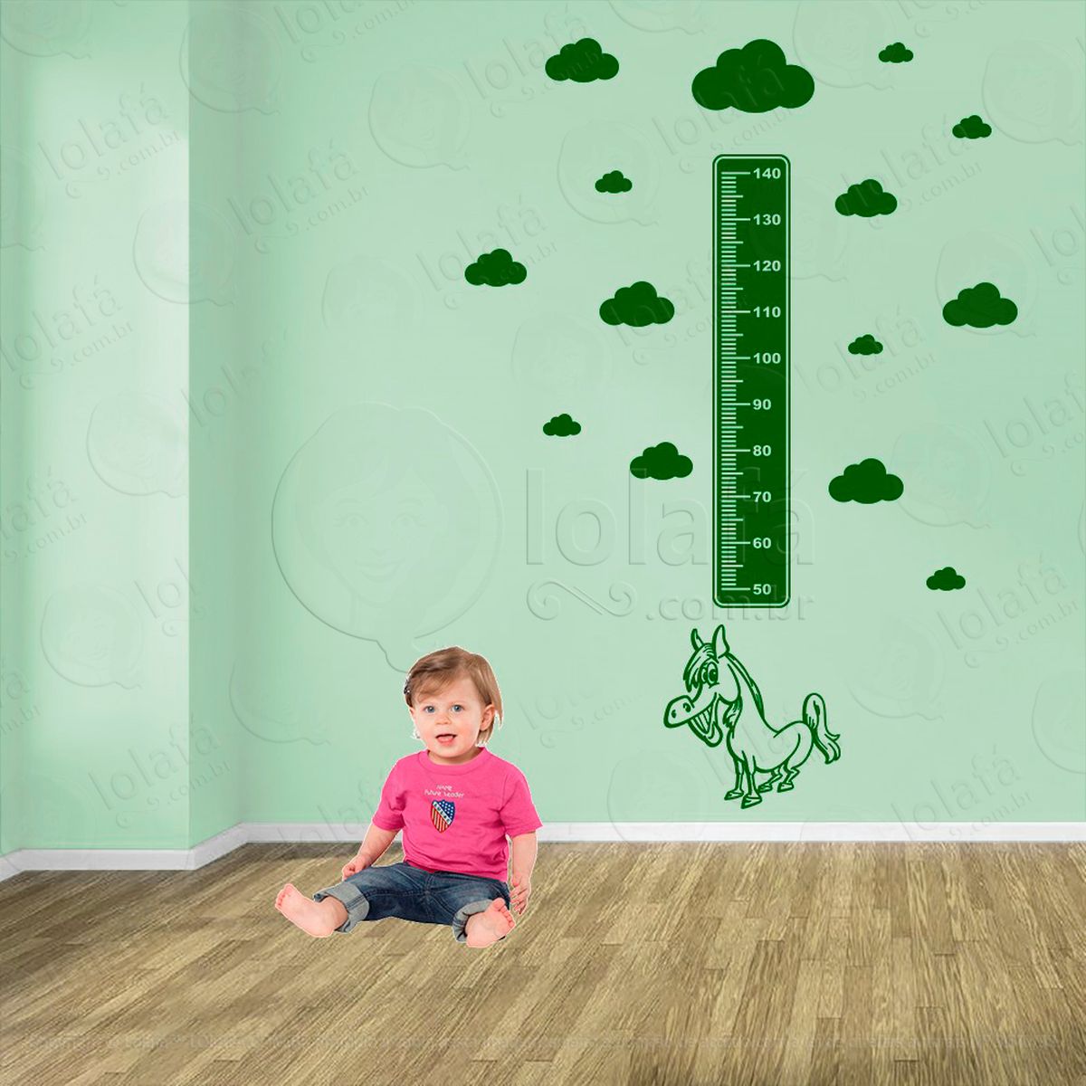 cavalo e nuvens adesivo régua de crescimento infantil, medidor de altura para quarto, porta e parede - mod:958