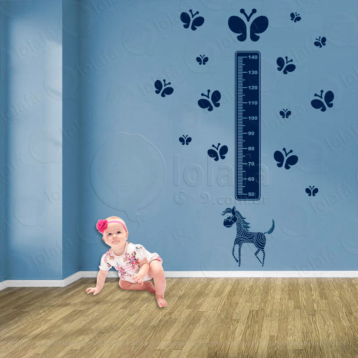 cavalo e borboletas adesivo régua de crescimento infantil, medidor de altura para quarto, porta e parede - mod:960
