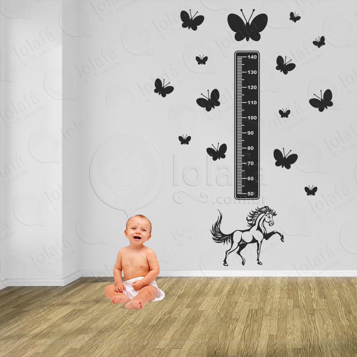 cavalo e borboletas adesivo régua de crescimento infantil, medidor de altura para quarto, porta e parede - mod:963
