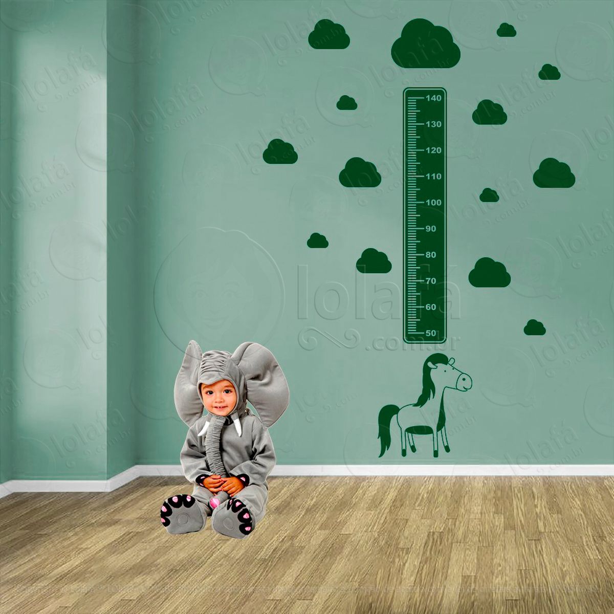 cavalo e nuvens adesivo régua de crescimento infantil, medidor de altura para quarto, porta e parede - mod:964
