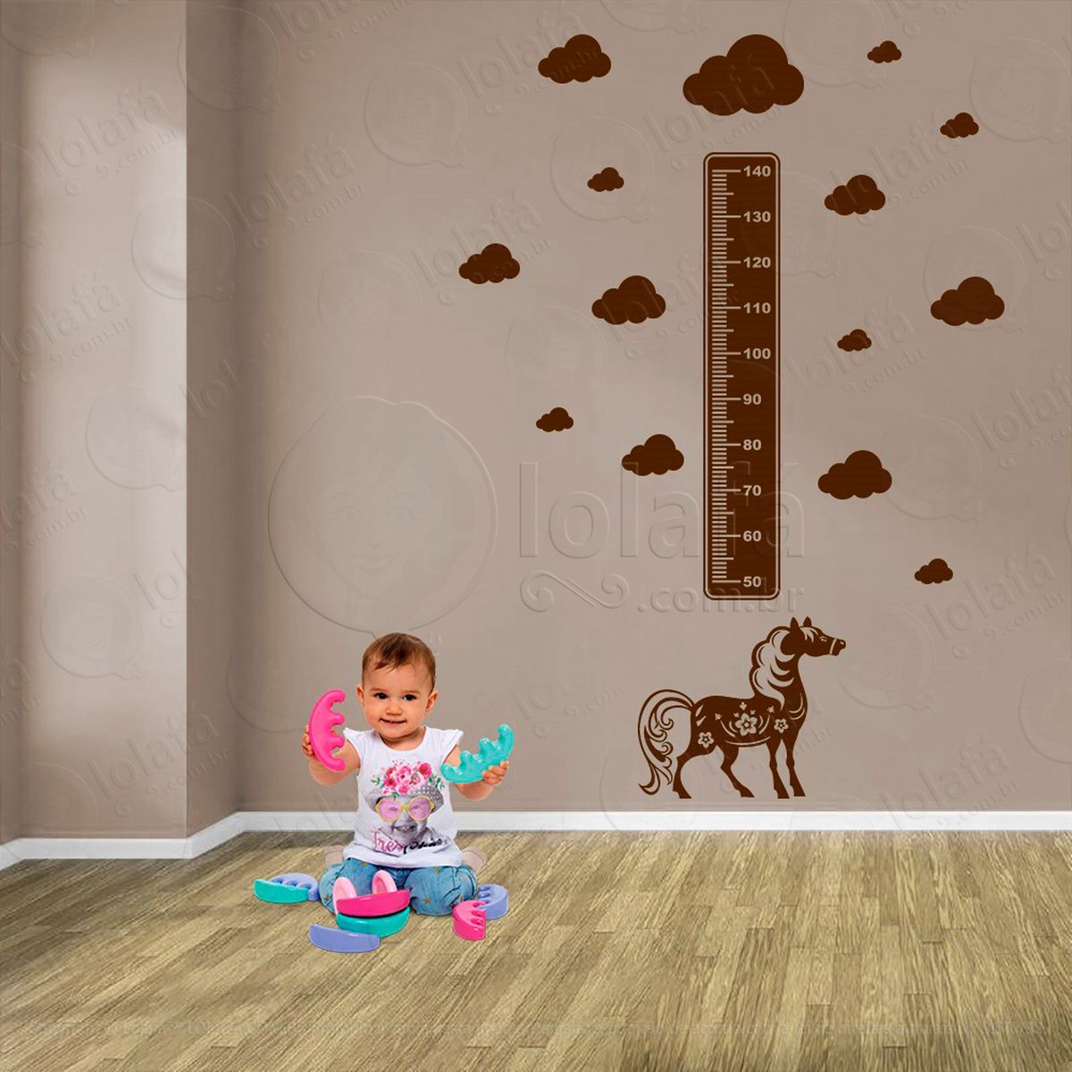 cavalo e nuvens adesivo régua de crescimento infantil, medidor de altura para quarto, porta e parede - mod:967