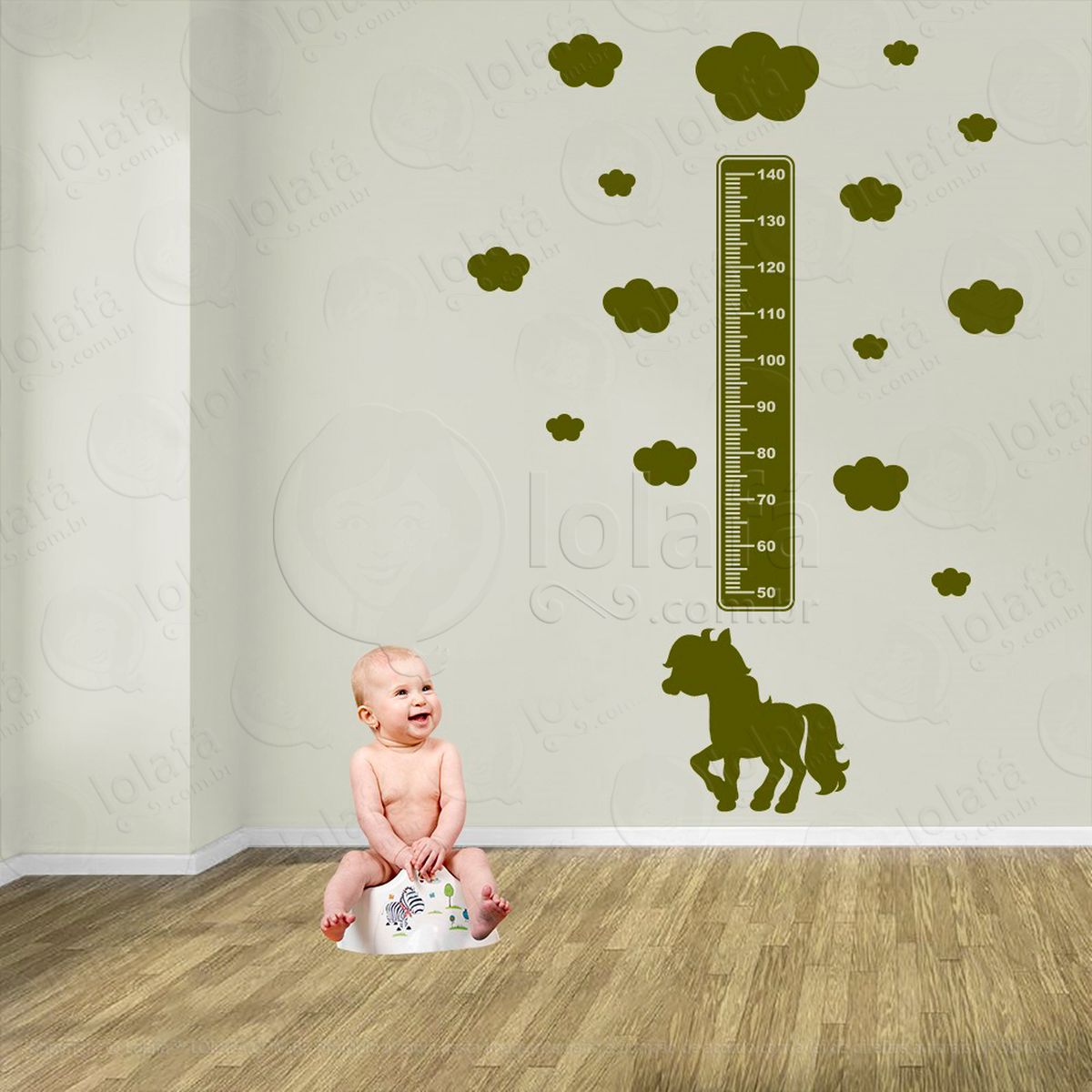 cavalo e nuvens adesivo régua de crescimento infantil, medidor de altura para quarto, porta e parede - mod:973