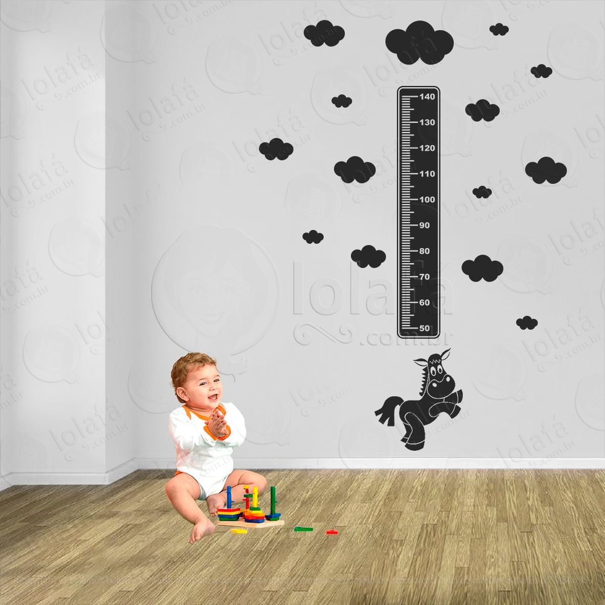 cavalo e nuvens adesivo régua de crescimento infantil, medidor de altura para quarto, porta e parede - mod:976