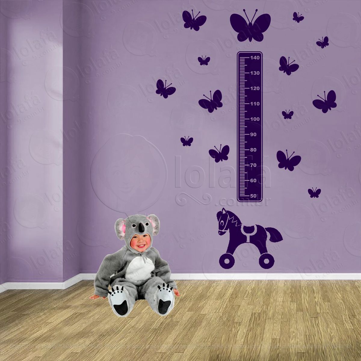 cavalo e borboletas adesivo régua de crescimento infantil, medidor de altura para quarto, porta e parede - mod:978