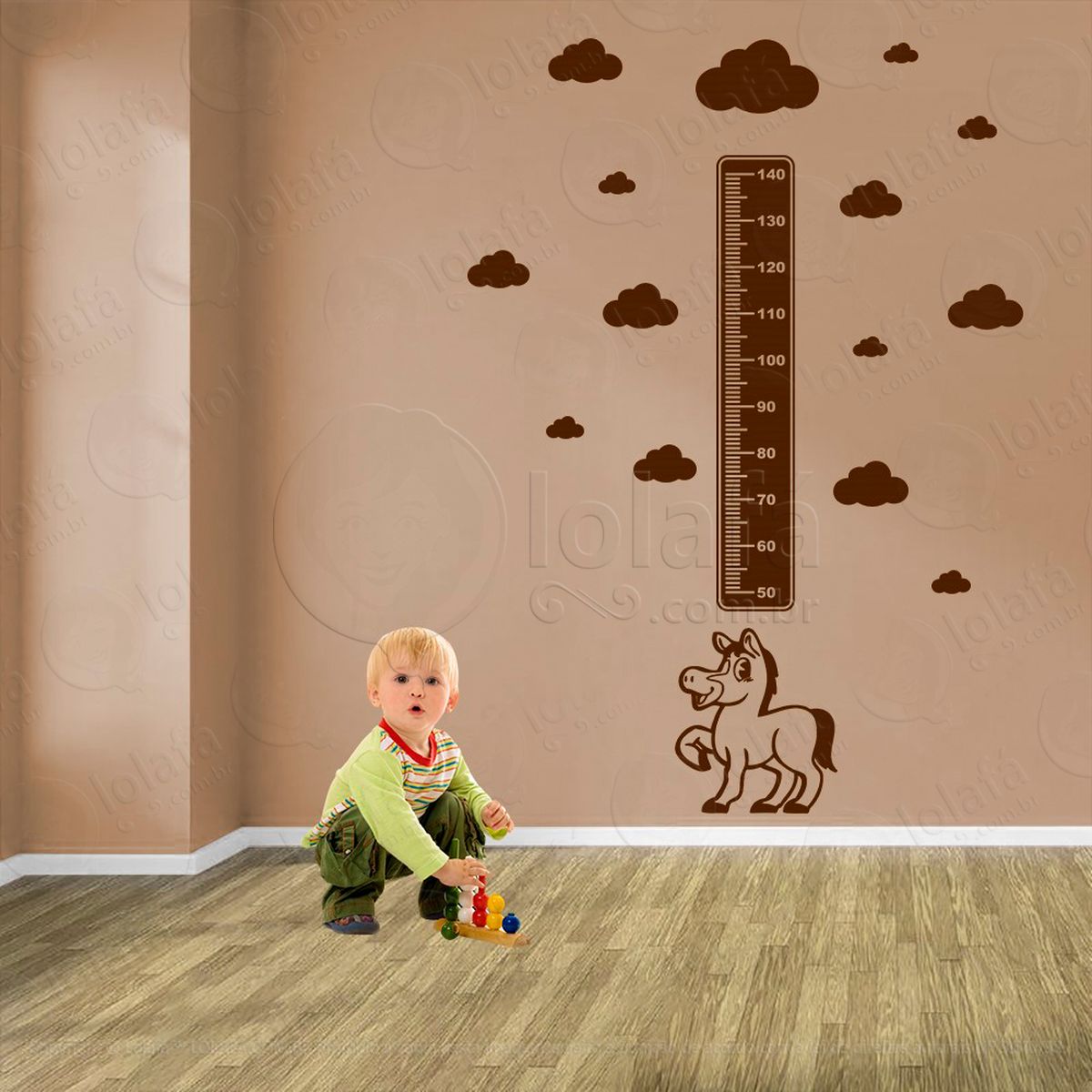 cavalo e nuvens adesivo régua de crescimento infantil, medidor de altura para quarto, porta e parede - mod:982