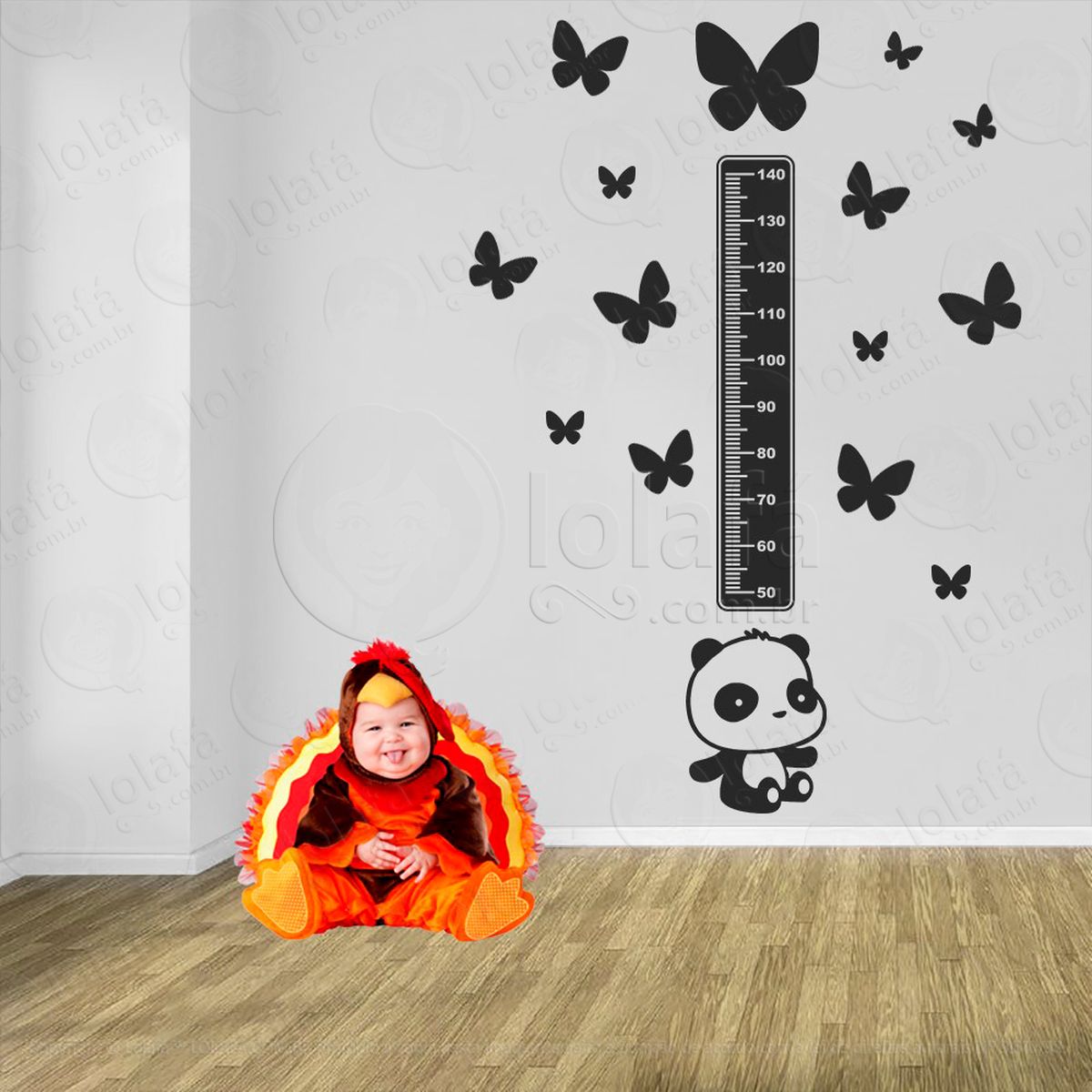 urso panda e borboletas adesivo régua de crescimento infantil, medidor de altura para quarto, porta e parede - mod:983