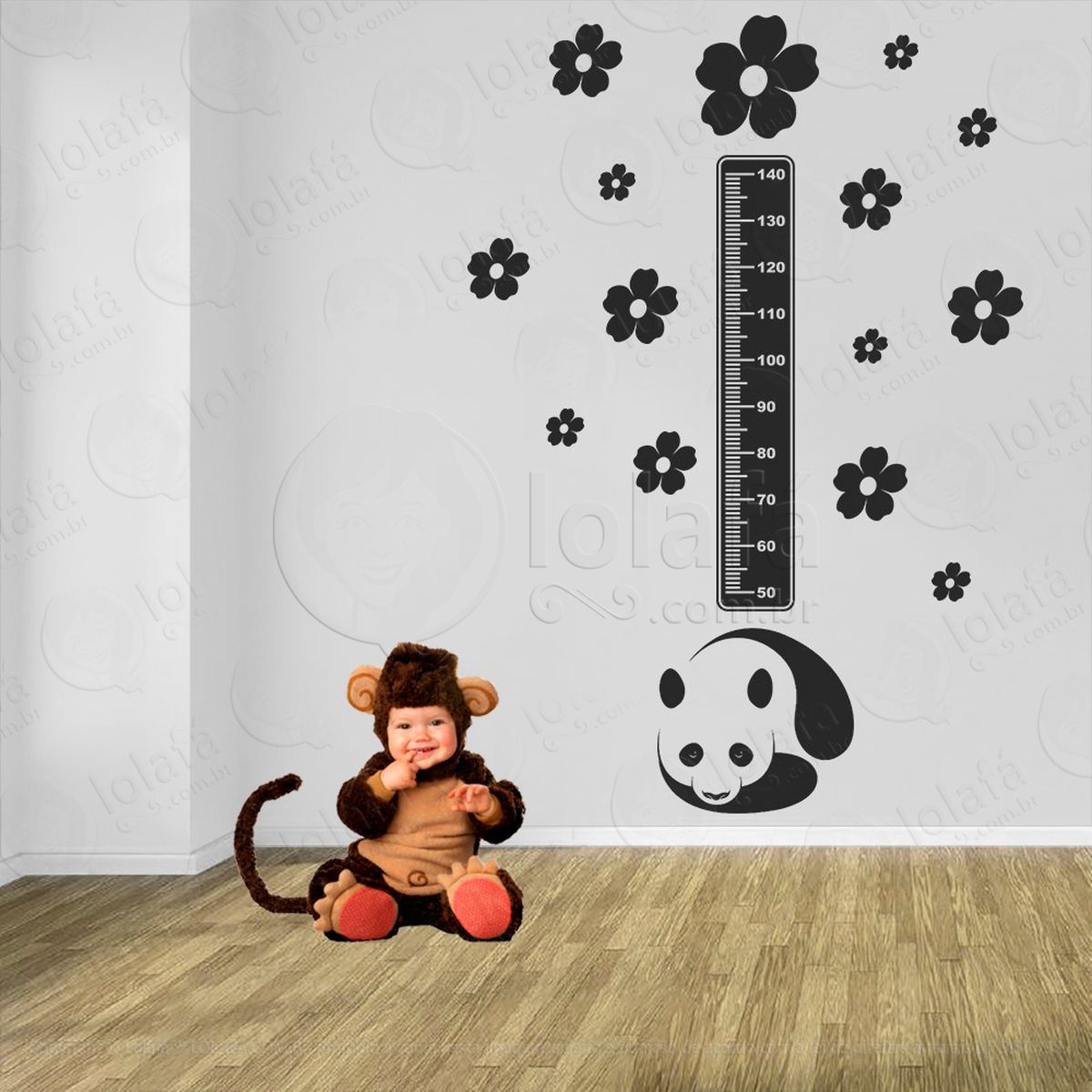 urso panda e flores adesivo régua de crescimento infantil, medidor de altura para quarto, porta e parede - mod:985