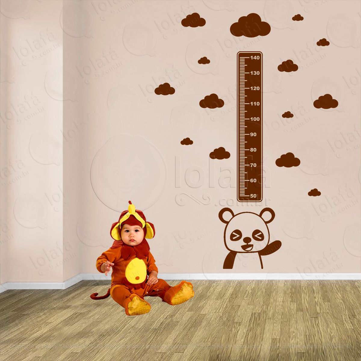 urso panda e nuvens adesivo régua de crescimento infantil, medidor de altura para quarto, porta e parede - mod:986