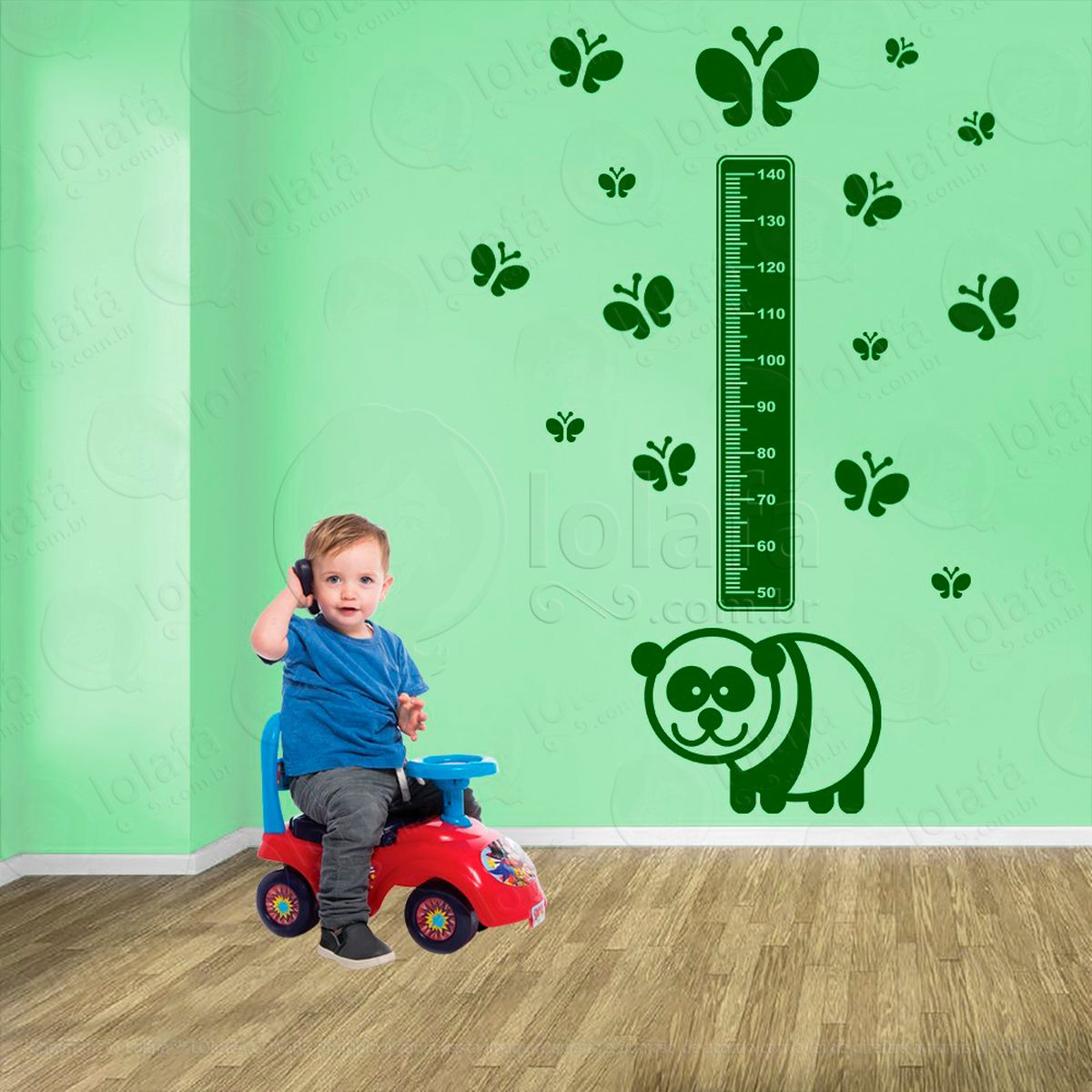 urso panda e borboletas adesivo régua de crescimento infantil, medidor de altura para quarto, porta e parede - mod:987