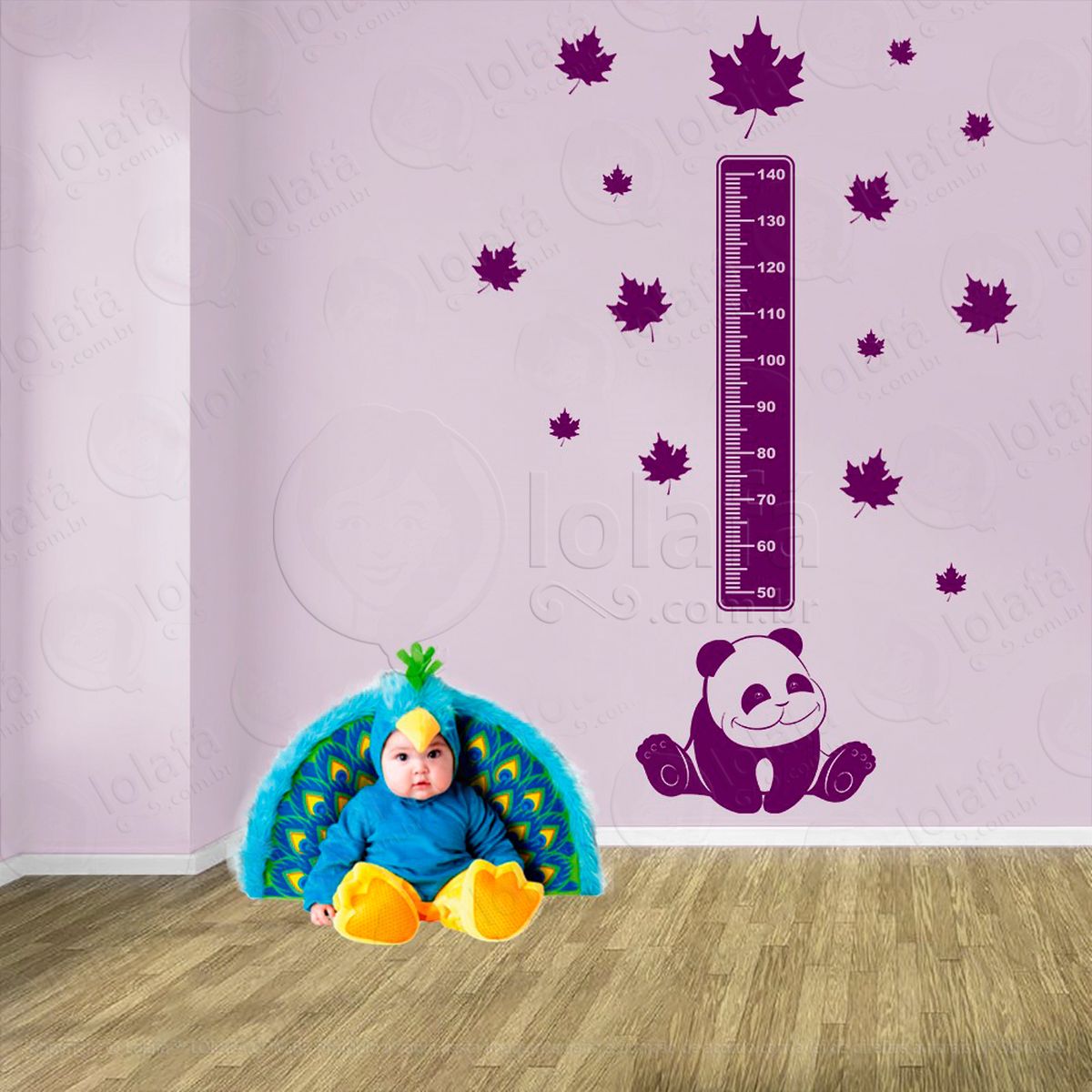 urso panda e folhas adesivo régua de crescimento infantil, medidor de altura para quarto, porta e parede - mod:988
