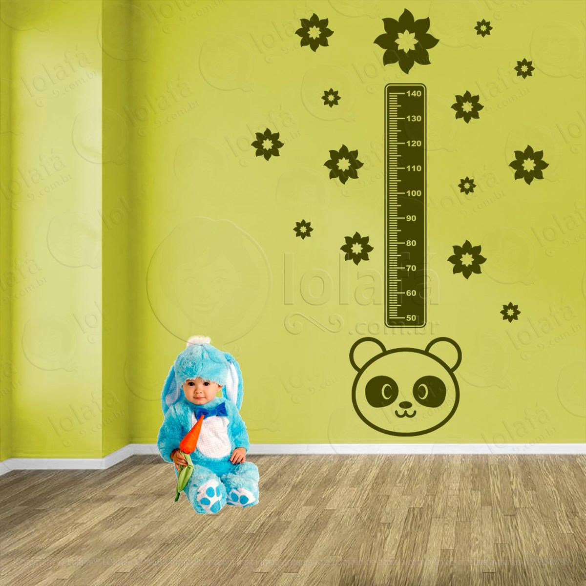 urso panda e flores adesivo régua de crescimento infantil, medidor de altura para quarto, porta e parede - mod:989