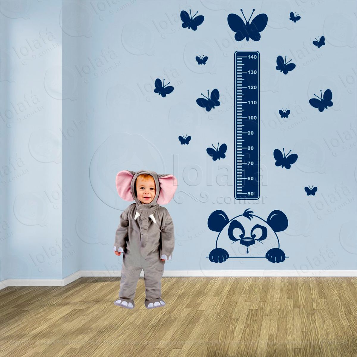urso panda e borboletas adesivo régua de crescimento infantil, medidor de altura para quarto, porta e parede - mod:991