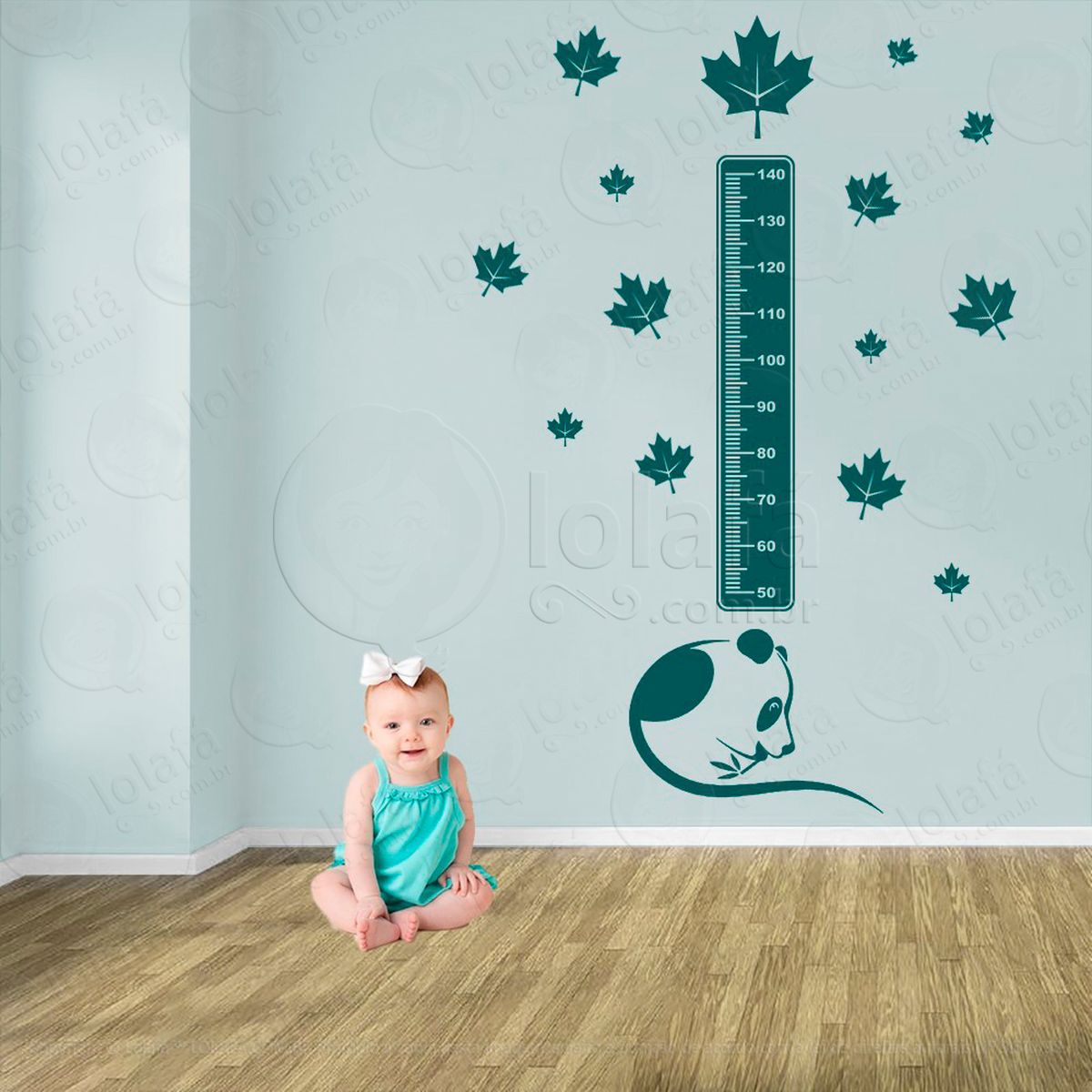 urso panda e folhas adesivo régua de crescimento infantil, medidor de altura para quarto, porta e parede - mod:992