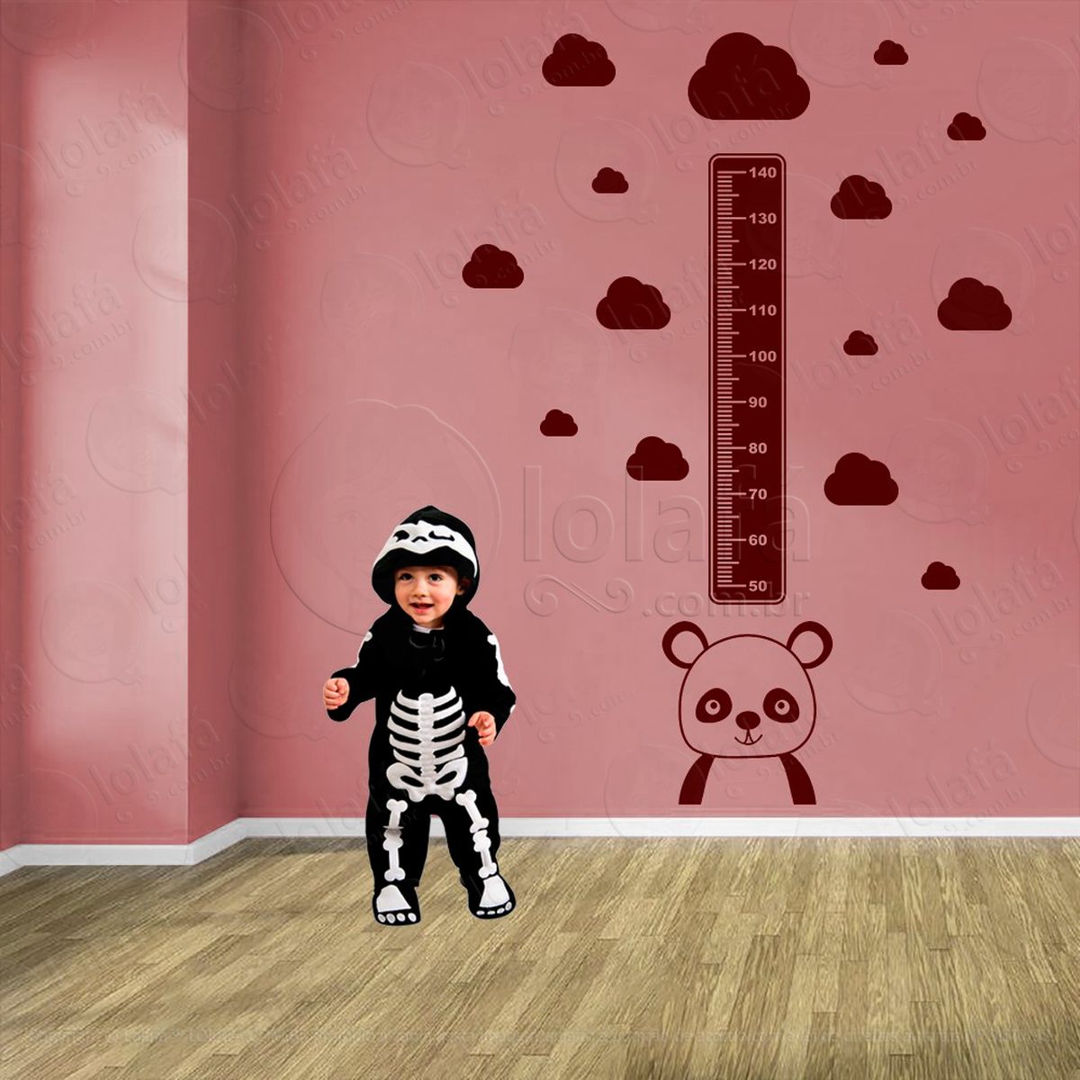 urso panda e nuvens adesivo régua de crescimento infantil, medidor de altura para quarto, porta e parede - mod:994