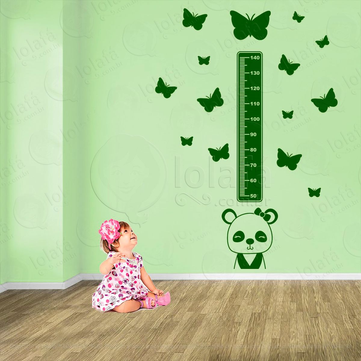 urso panda e borboletas adesivo régua de crescimento infantil, medidor de altura para quarto, porta e parede - mod:995
