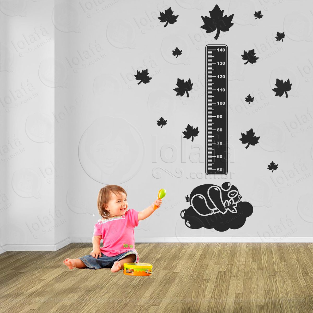urso panda e folhas adesivo régua de crescimento infantil, medidor de altura para quarto, porta e parede - mod:996