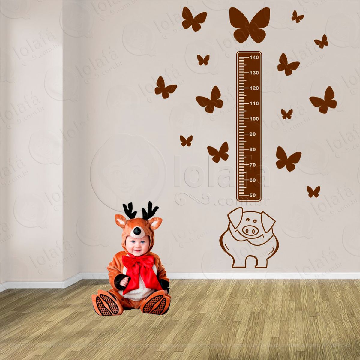 porco e borboletas adesivo régua de crescimento infantil, medidor de altura para quarto, porta e parede - mod:997