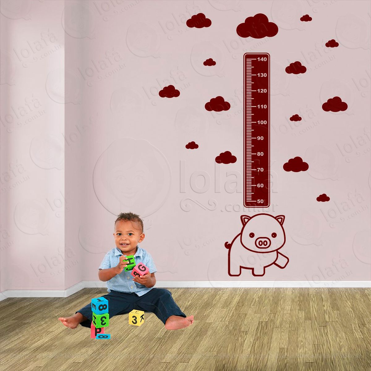 porco e nuvens adesivo régua de crescimento infantil, medidor de altura para quarto, porta e parede - mod:1000