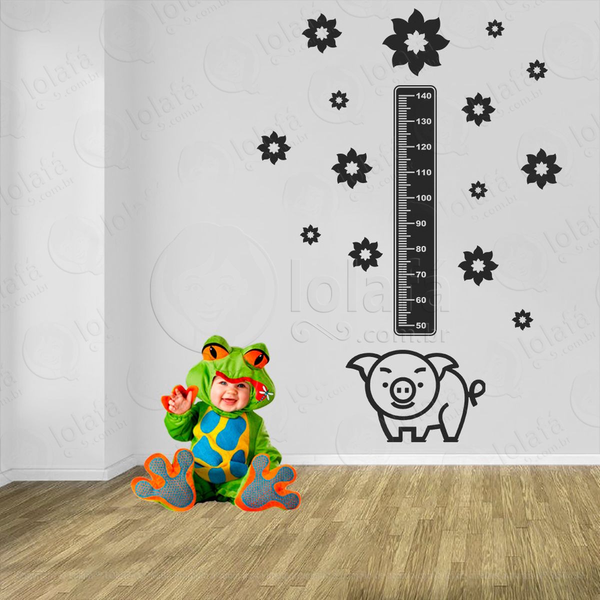 porco e flores adesivo régua de crescimento infantil, medidor de altura para quarto, porta e parede - mod:1003