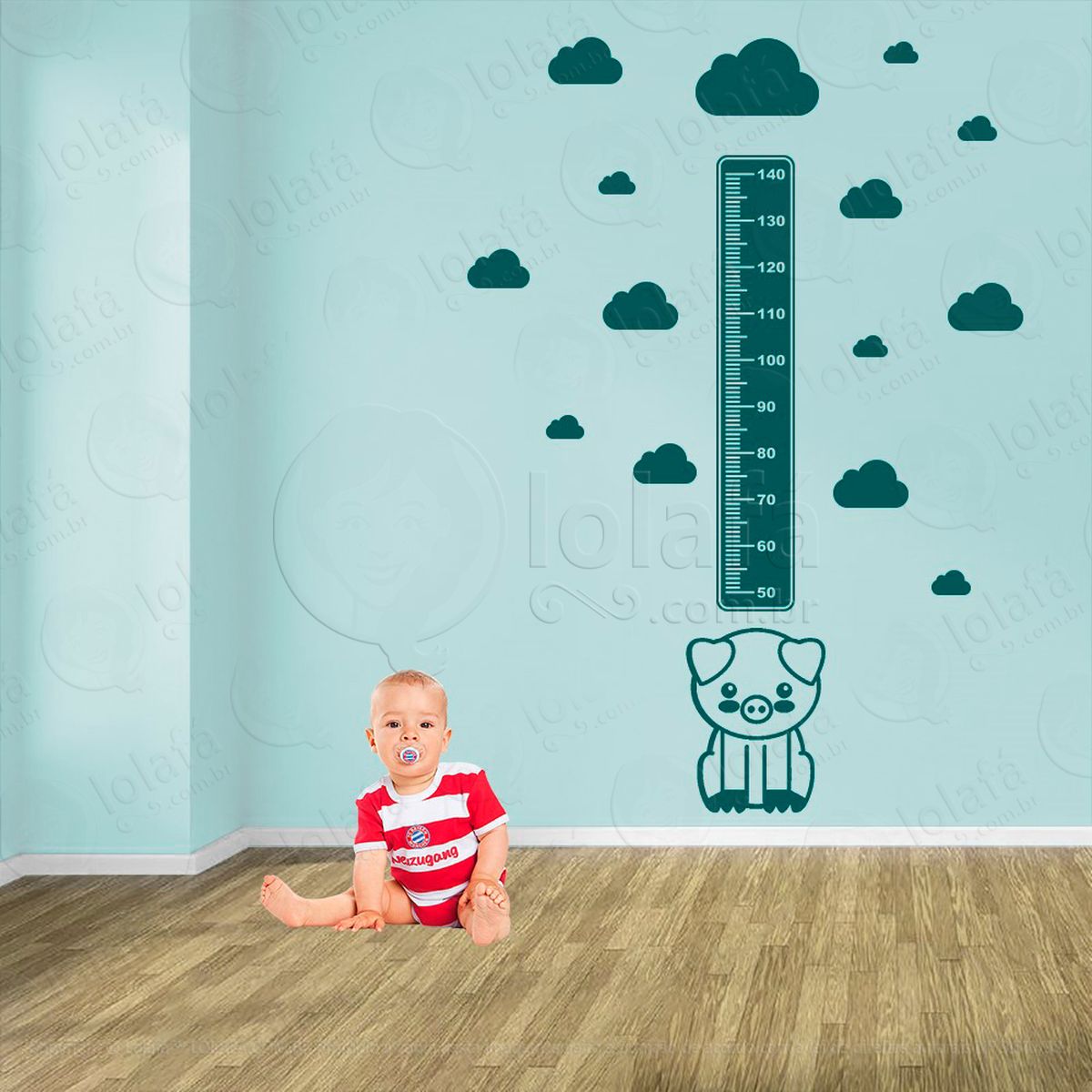 porco e nuvens adesivo régua de crescimento infantil, medidor de altura para quarto, porta e parede - mod:1004