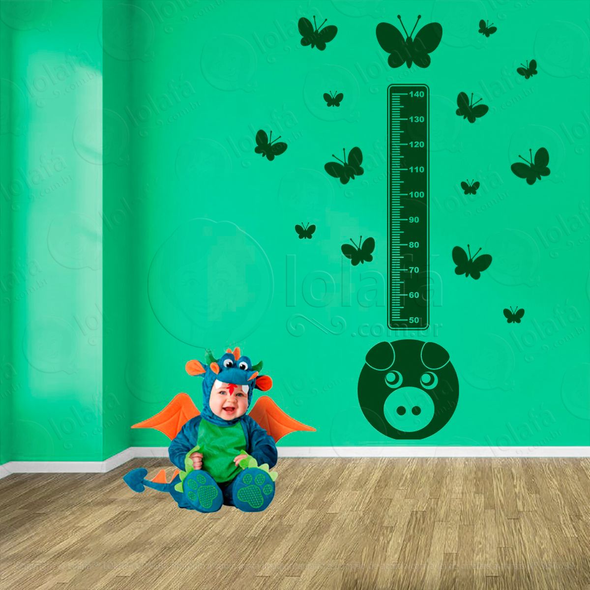 porco e borboletas adesivo régua de crescimento infantil, medidor de altura para quarto, porta e parede - mod:1005