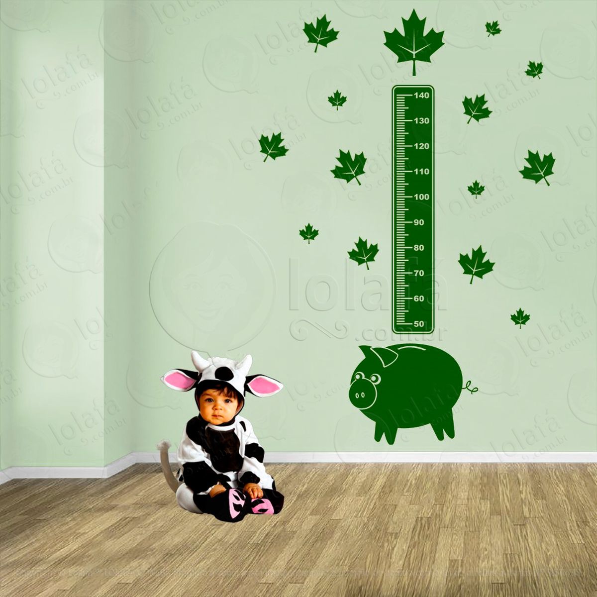 porco e folhas adesivo régua de crescimento infantil, medidor de altura para quarto, porta e parede - mod:1006