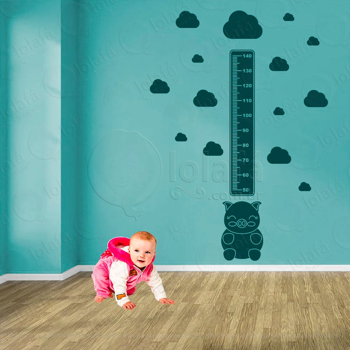 porco e nuvens adesivo régua de crescimento infantil, medidor de altura para quarto, porta e parede - mod:1008