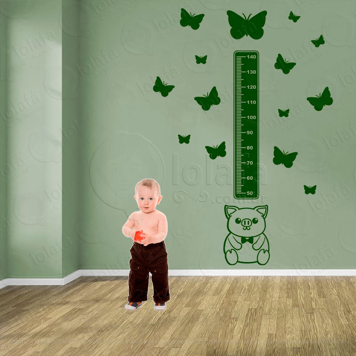 porco e borboletas adesivo régua de crescimento infantil, medidor de altura para quarto, porta e parede - mod:1009