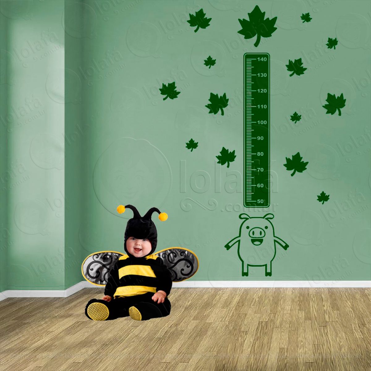 porco e folhas adesivo régua de crescimento infantil, medidor de altura para quarto, porta e parede - mod:1010