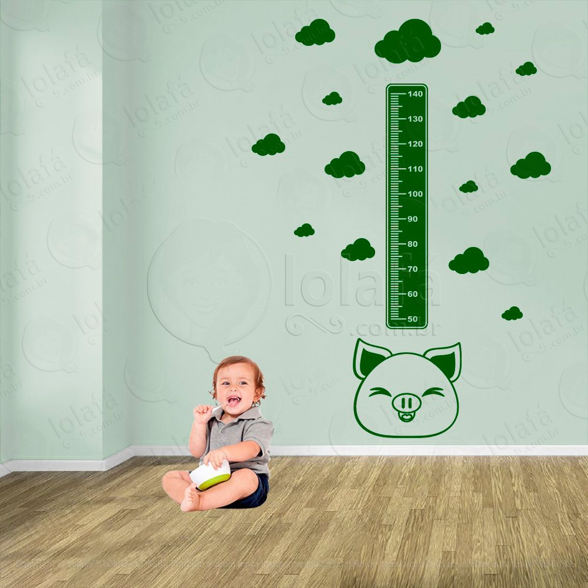 porco e nuvens adesivo régua de crescimento infantil, medidor de altura para quarto, porta e parede - mod:1012