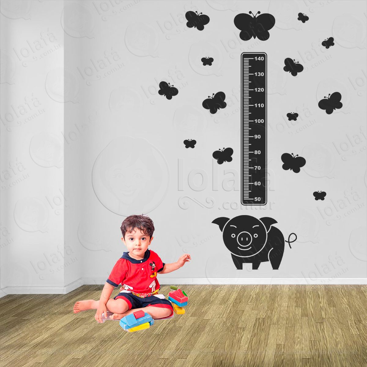 porco e borboletas adesivo régua de crescimento infantil, medidor de altura para quarto, porta e parede - mod:1013